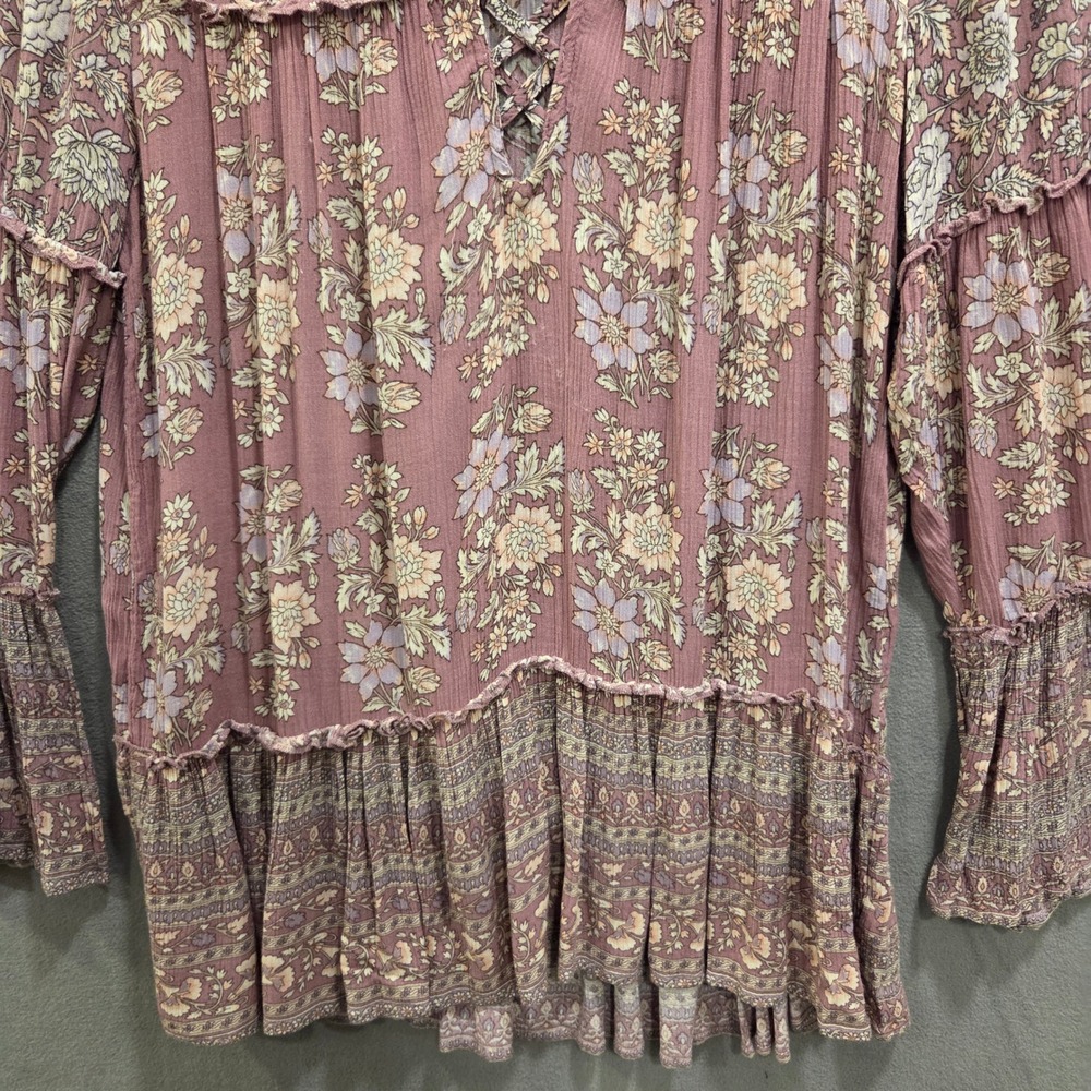 American Eagle Floral Blouse Women's Medium Boho Lace Up Tiered Bell Sleeve - Picture 5 of 15